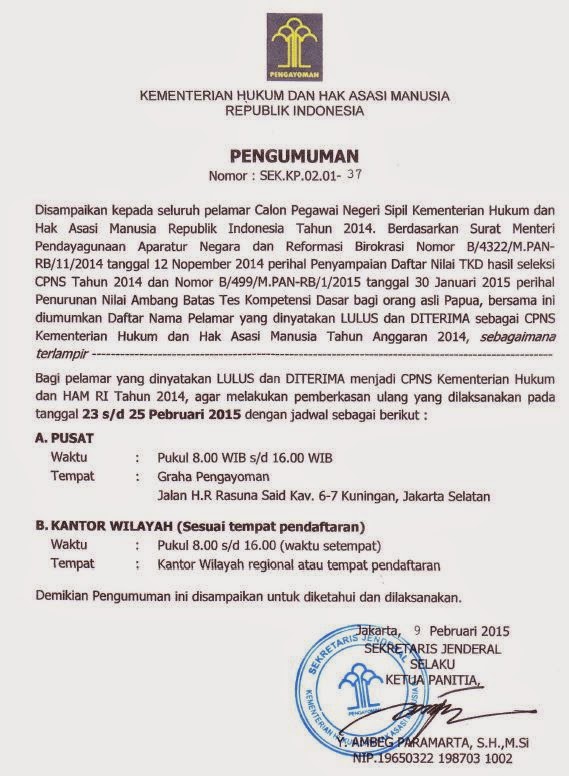 Pengumuman Kelulusan CPNS Kemenkumham Tahun 2014 Sedekah