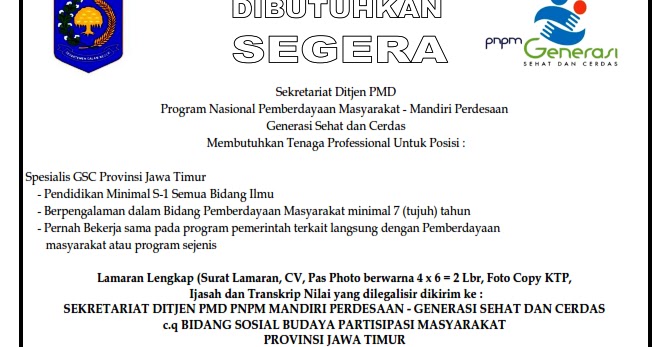Lowongan Kerja Sebagai Konsultan Spesialis PNPM Generasi