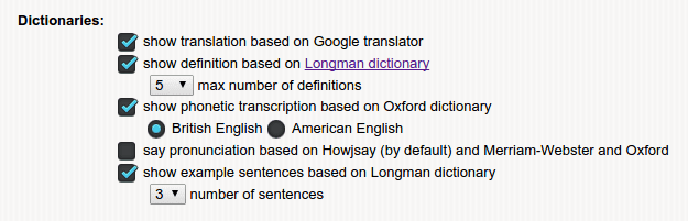 dictionaries options of English dictionary translate pronunciation google chrome extension