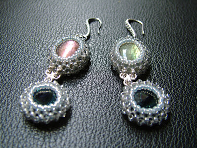 Beaded Bezel Gemstone Cab Earrings