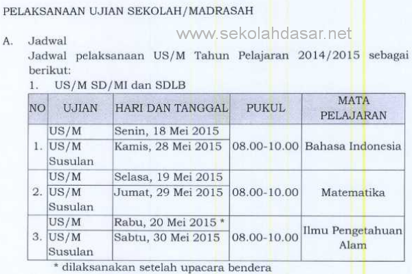 Jadwal pelaksanaan ujian sekolah untuk SD/MI