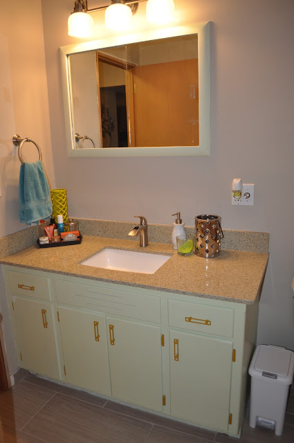 bathroom, vanity, redo, reno, recycled glass counter, bathroom vanity, bathroom counter, home depot, menards, knobs, tile, lowes, flooring, homelux, underlayment, before and after, before, after