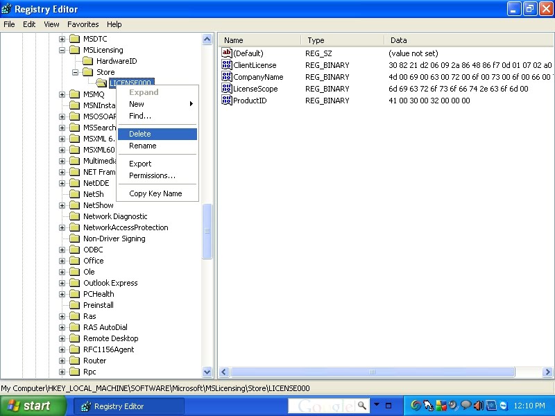 Удаление mslicensing bat