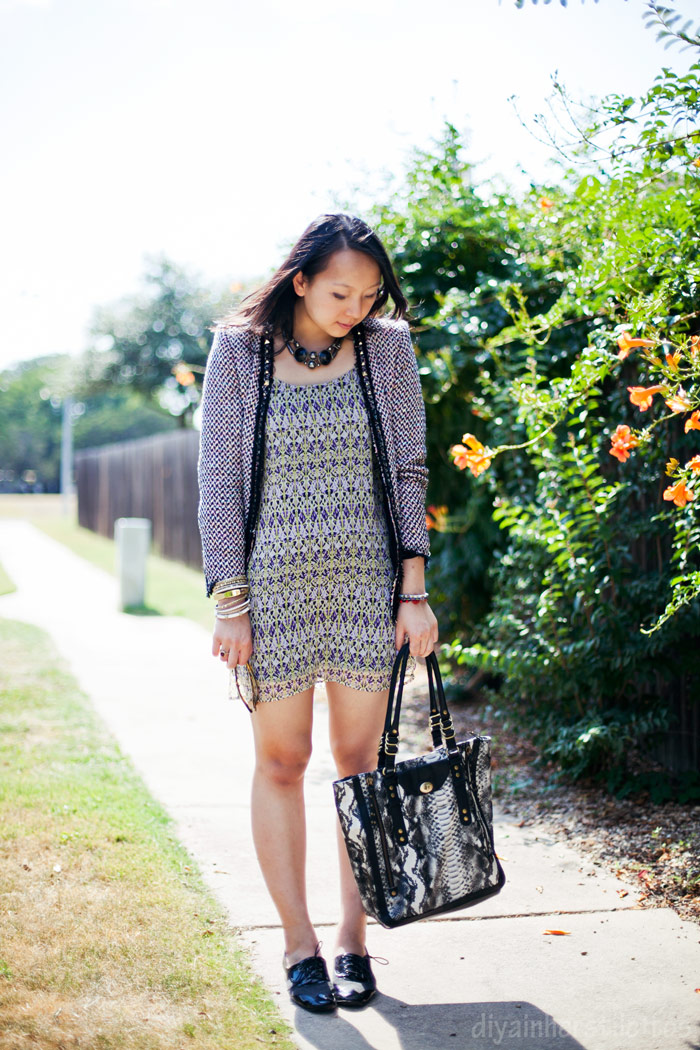 zara neon multicolored studded blazer, la made floral dress, olivia + joy snakeprint tote bag, free people oxford flats, austin fashion blog, texas style blog