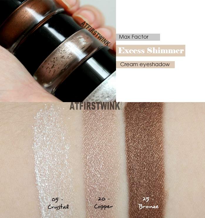 Max Factor Excess Shimmer Eye Shadows swatches: Crystal, Copper, and Bronze