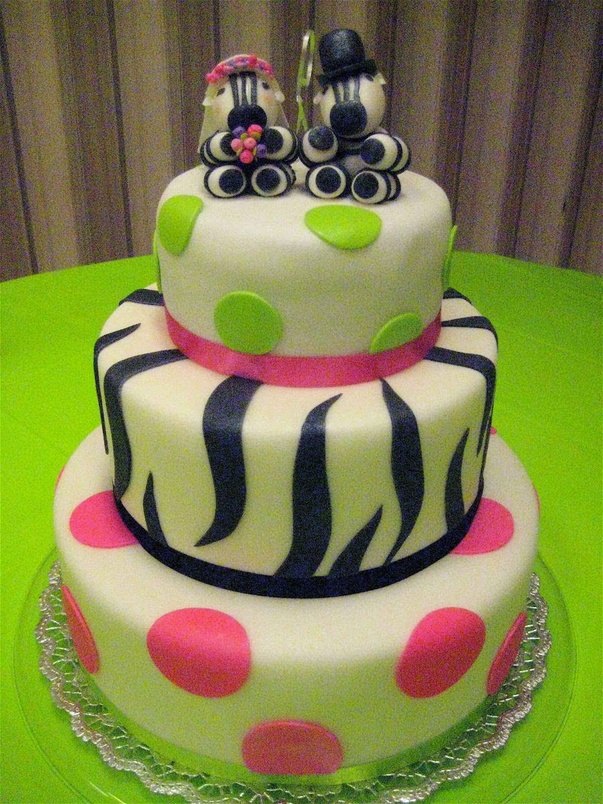 I Heart Cakes Hot Pink Lime Green Zebra Print Wedding Cake