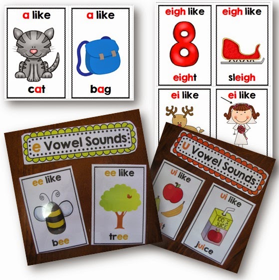 Long vowels and short vowel posters, charts, cards and desk strips. 