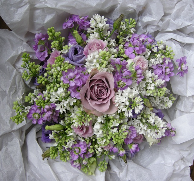 Deborah's Country style wedding bouquet of white lilac with lilac stocks and