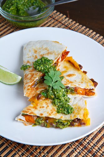 Sweet Potato and Black Bean Quesadillas with Swiss Chard Pesto