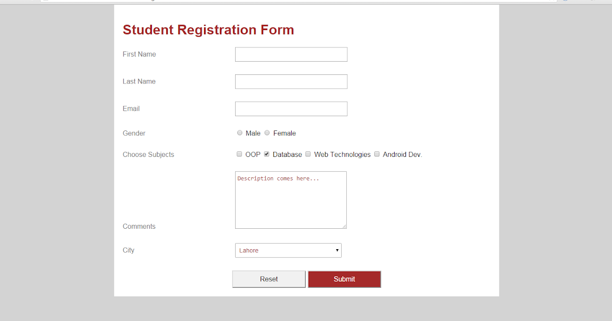Student registration form using html and css. Java Ustaad