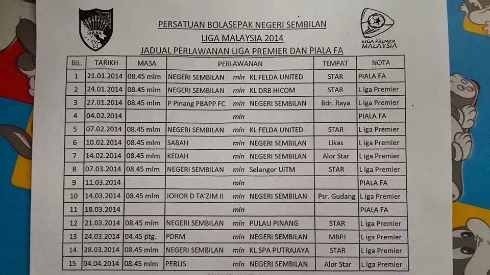 Jadual Penuh Perlawanan Liga Premier & Piala FA Negeri Sembilan 2014