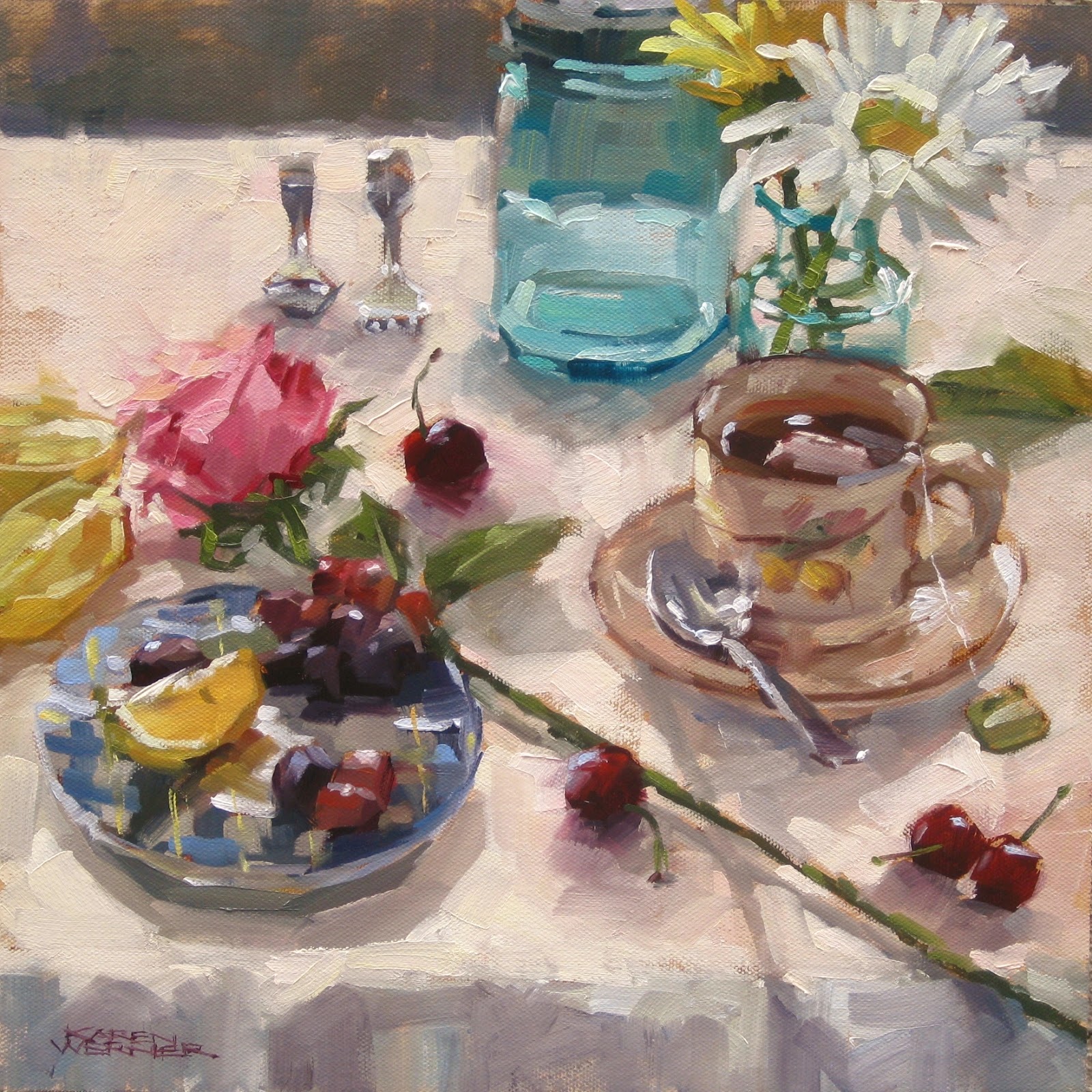 Karen Werner Fine Art On A White Tablecloth a still life painting in oil