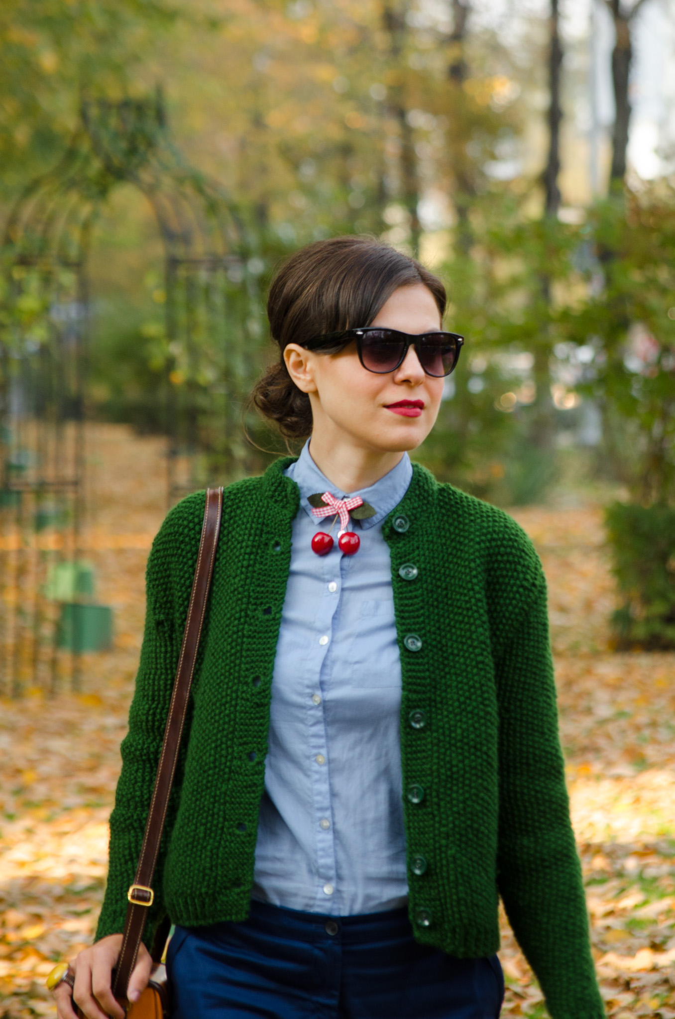 navy blue pants knitted green sweater shirt mustard square bag cherries h&m thrifted  burgundy man shoes oxford autumn scenery yellow leaves