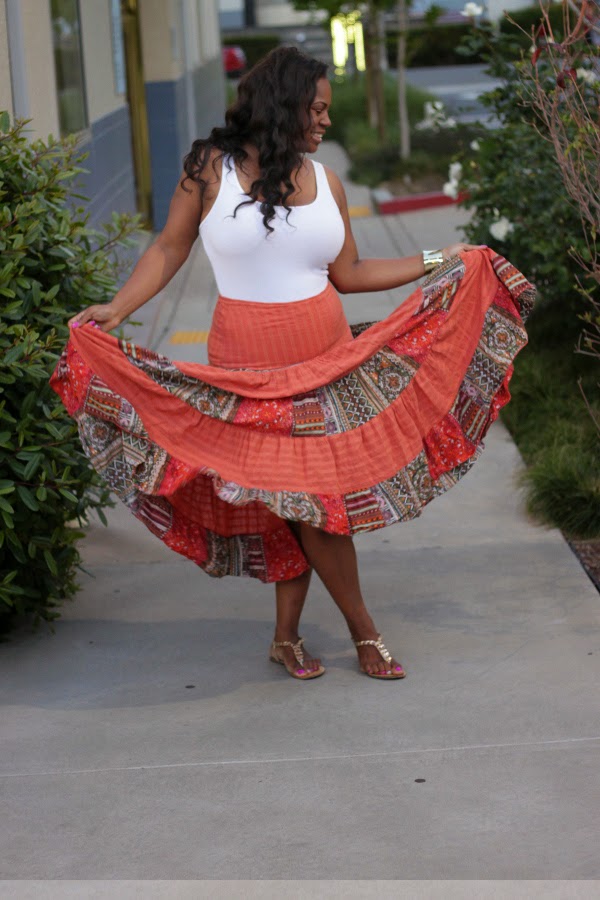 Orange Tribal Print Maxi Print Skirt White Tank Top Black Plus Size Fashion Blogger Melissa Geddis