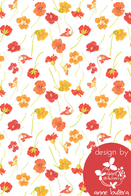 fabric design, repeat patterns, nasturtiums, watercolor, Anne Butera, My Giant Strawberry