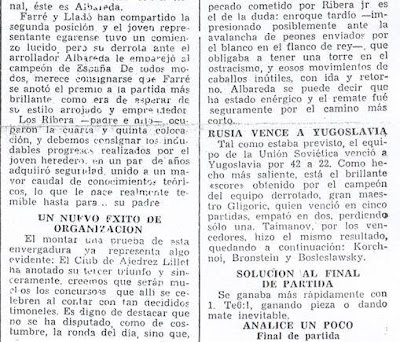 Crónica de Francisco J. Pérez en El Noticiero Universal sobre el III Torneo Nacional de Ajedrez de La Pobla de Lillet 1957 (2)