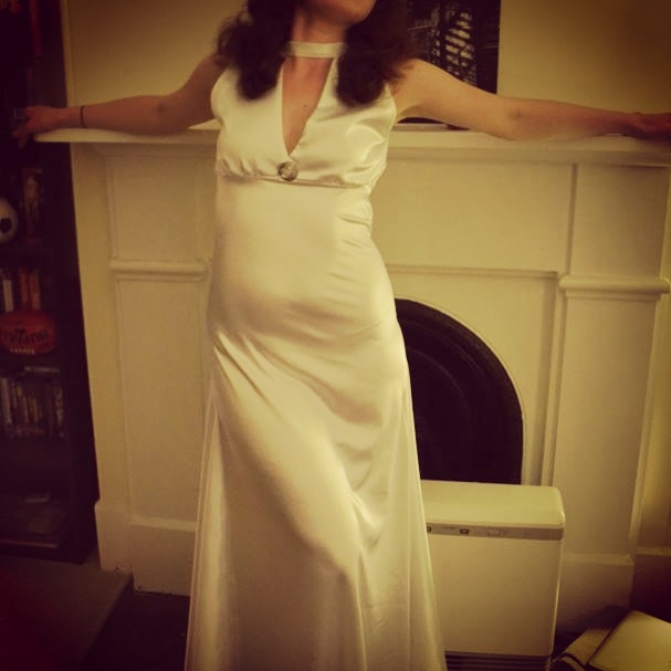 white bias cut dress