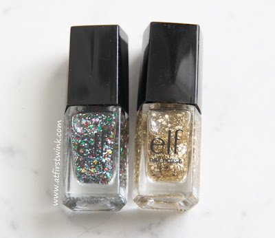 the two glitter top coats that comes in both of the e.l.f. Essential 14-Piece Nail Cube
