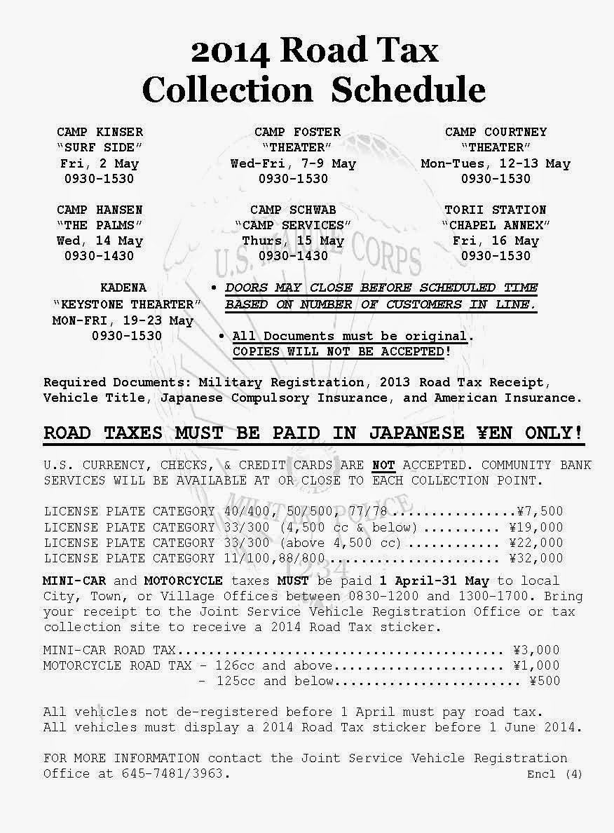Moving To & Living in Okinawa, Japan 2014 Road Tax Collection Schedule