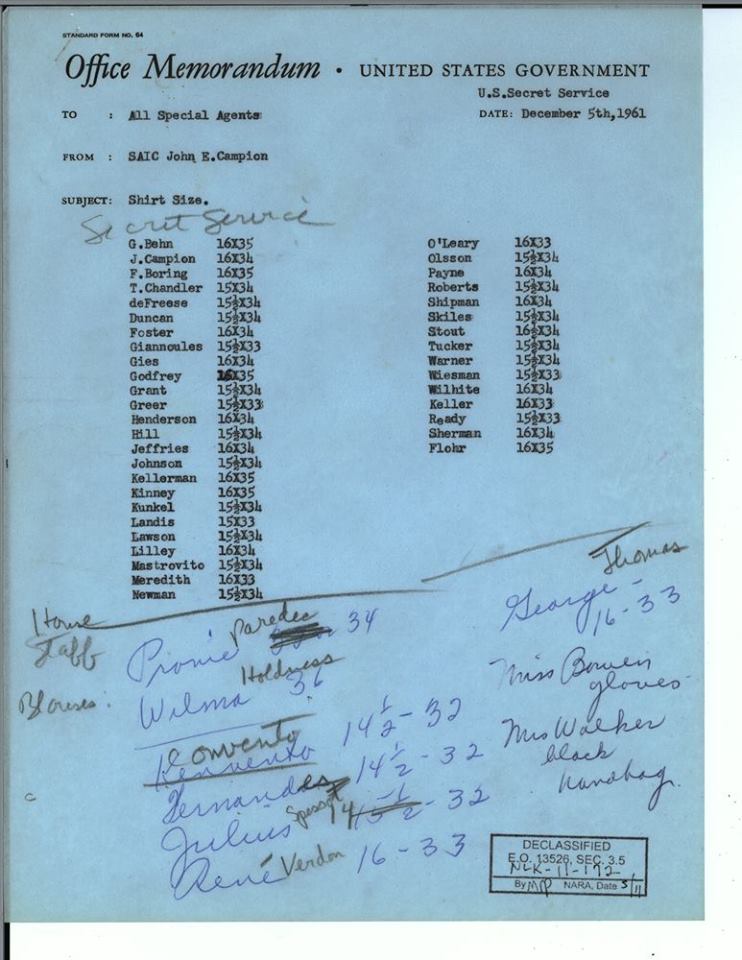 Agent shirt sizes for Christmas gift 1961