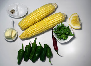 maíz asado con pimientos del padrón, mantequilla y chile - ingredientes