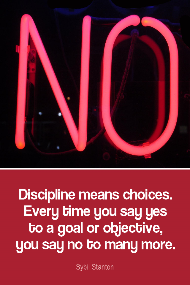 visual quote - image quotation for SELF-DISCIPLINE and WILLPOWER - Discipline means choices. Every time you say yes to a goal or objective, you say not to many more. - Sybil Stanton