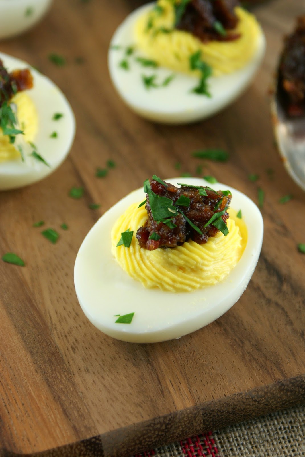 Authentic Suburban Gourmet Deviled Eggs with Bourbon Bacon Jam