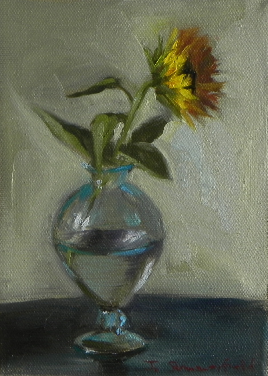 Jonelle Summerfield Oil Paintings: Sunflower in Clear, Blue Vase