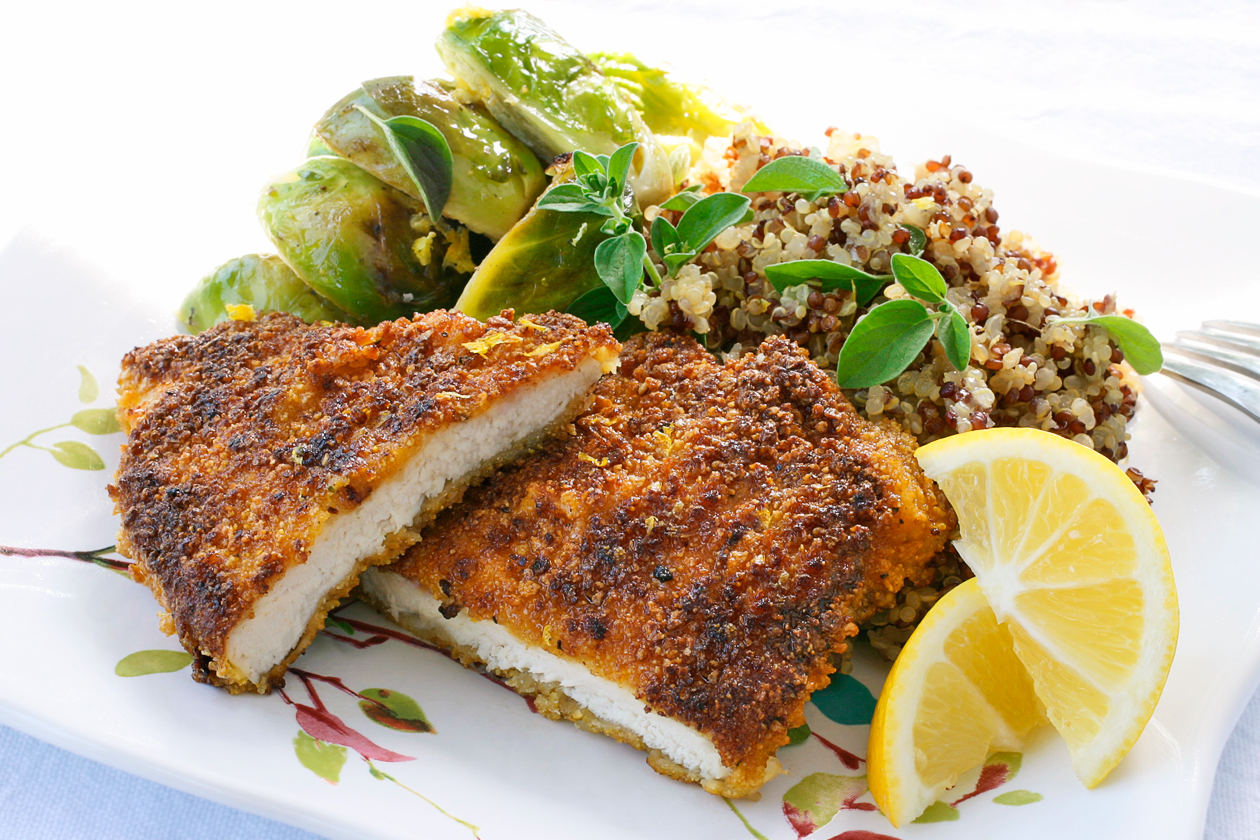 Laura Friendly Breaded Pan Fried Chicken, Brussel Sprouts & Quinoa