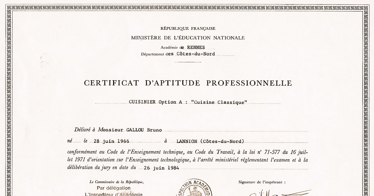 Bruno Gallou 1984.Certificat d'aptitude professionnelle