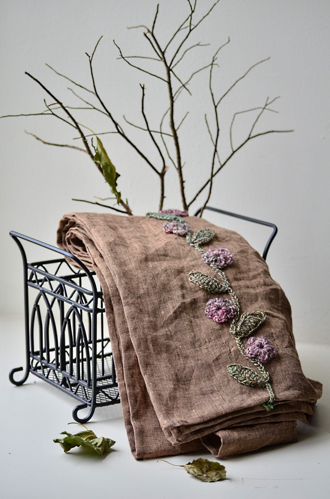 Outstanding Crochet Linen scarf with crochet embellishment.