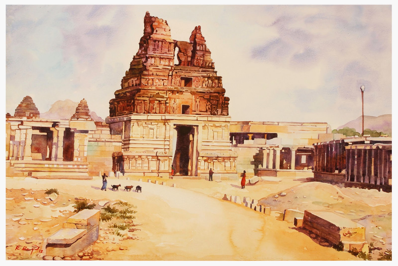 Artist Ragu Hampi Temple Watercolor Painting