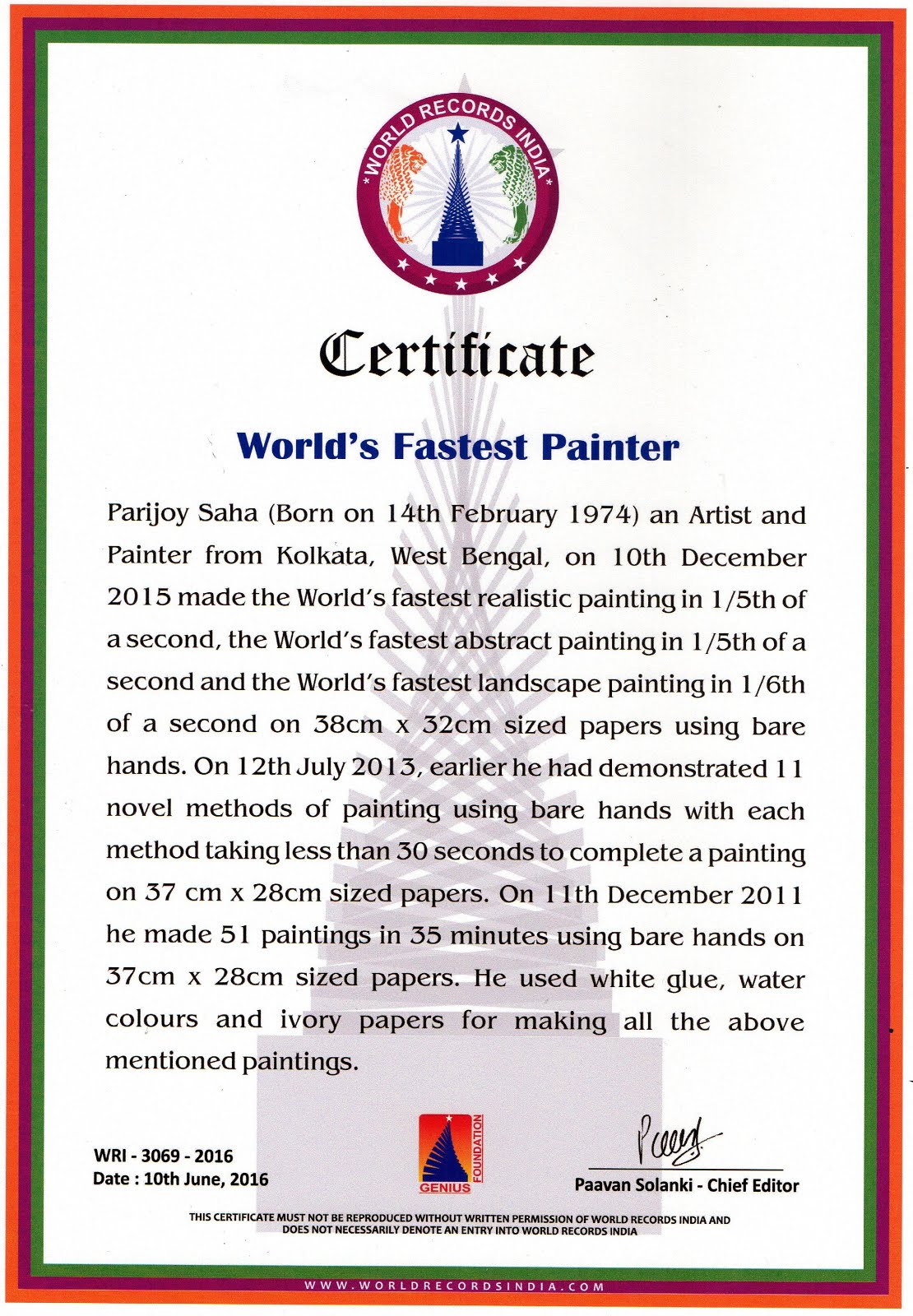 World's fastest painter certificate