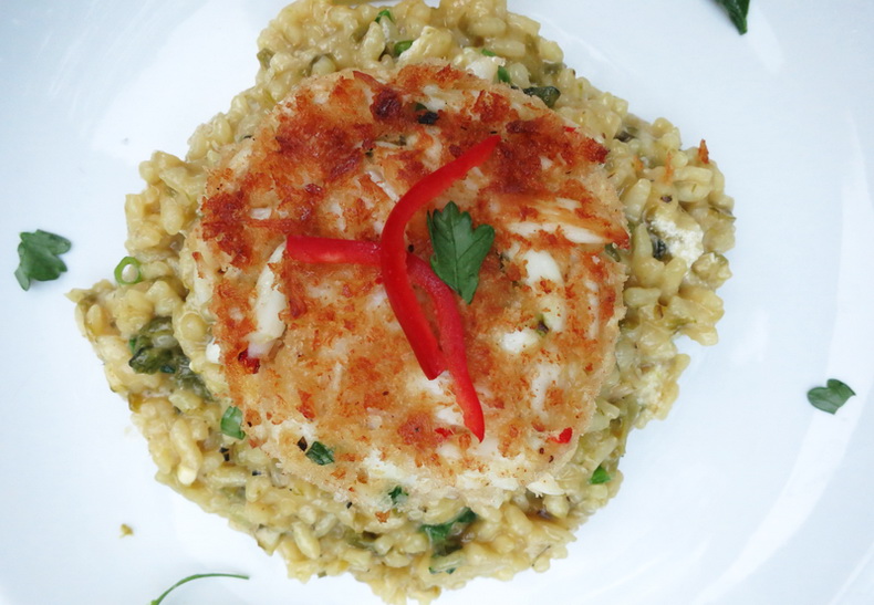 GourMaybe? Spicy Crab Cakes with Hatch Chile/Poblano Risotto