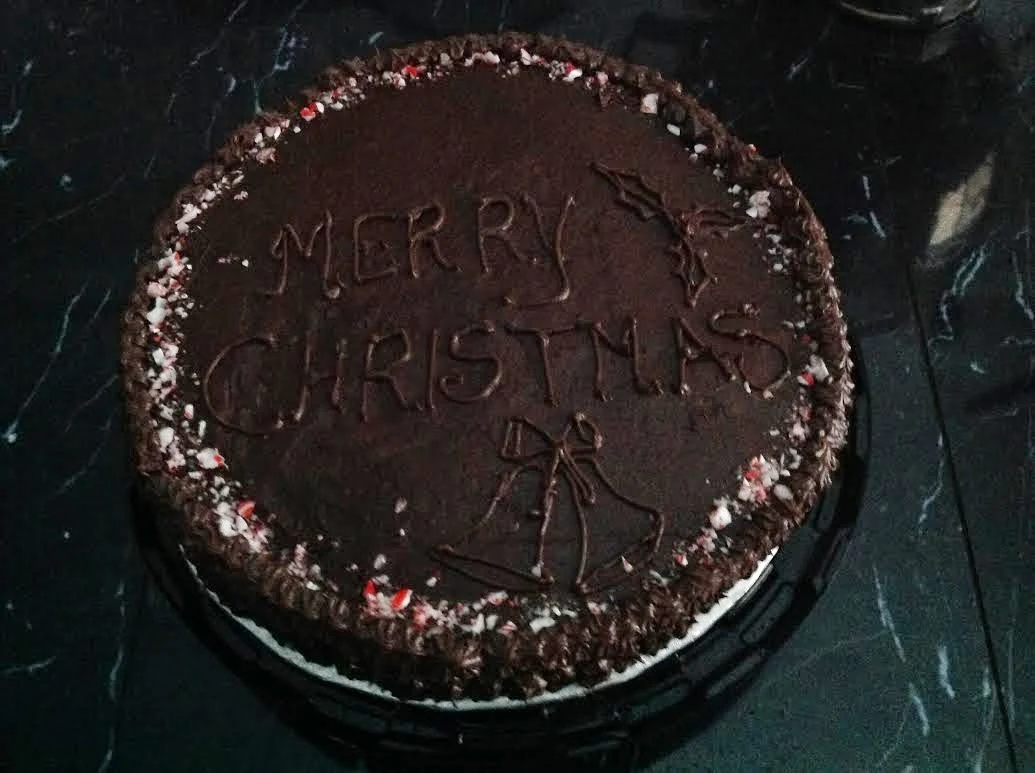 Christmas cake, Chocolate cake, chocolate frosting, peppermint