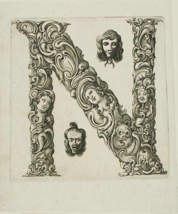 17th century engraving of floral letterform - letter 'n'