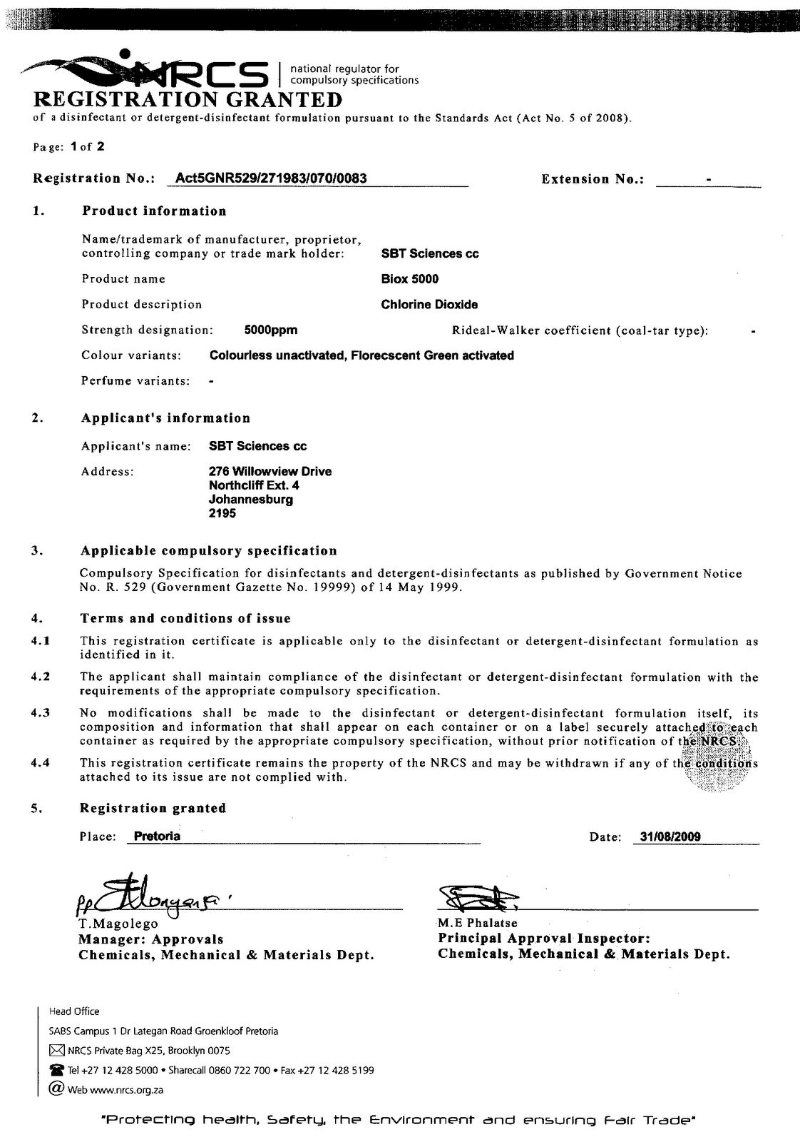 SBT Sciences Biox 5000 Chlorine Dioxide 5000ppm NRCS (SABS) certificate