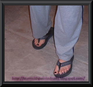Me wearing flip flops, sweat pants and nail polish man wearing flip flops, nail polish and sweat pants