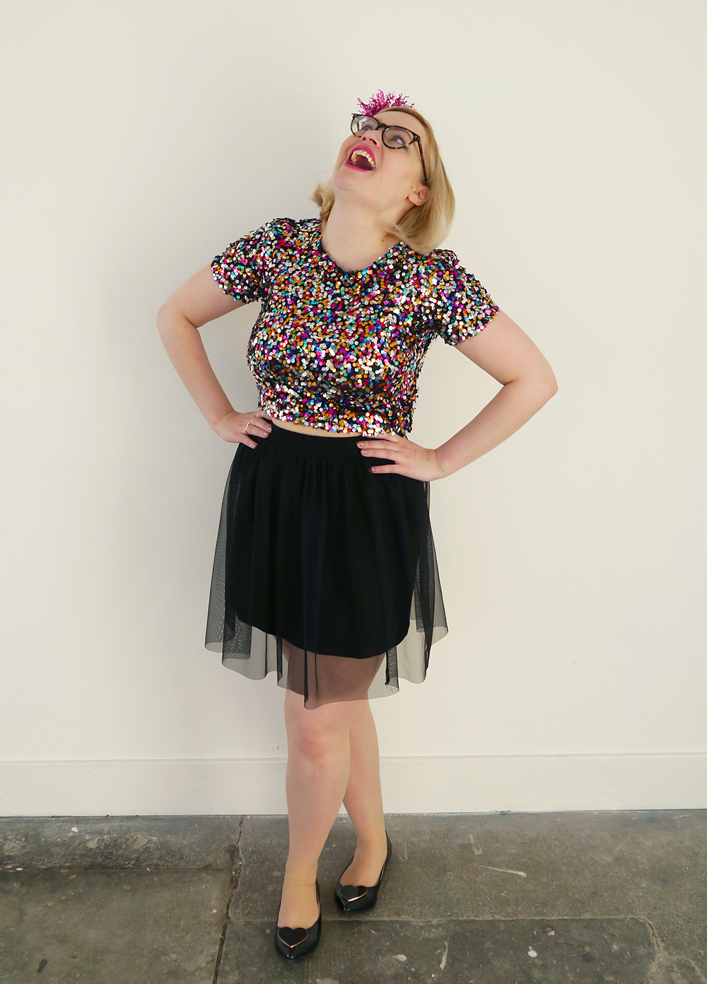 Sequins make a girl happy! sequins, sparkly New Year outfit, how to wear sequins, glitter ball outfit, Christmas party, ballerina skirt, IOLLA Muir glasses, tinsel hair clip