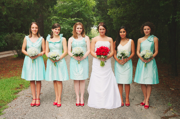 turquoise and red bridesmaid dresses