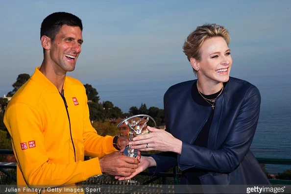 Laureus World Sportsman of the Year 2015 winner and Tennis player Novak Djokovic of Serbia receives his award from Princess Charlene of Monaco at the Monte-Carlo Sporting Club 