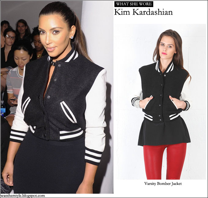 I Want Her Style What Celebrities Wore And Where To Buy It Celebrity Style What She Wore Kim Kardashian In Black And White Varsity Bomber Jacket It is a very beautiful black and white jacket with black body and white sleeves. i want her style blogger