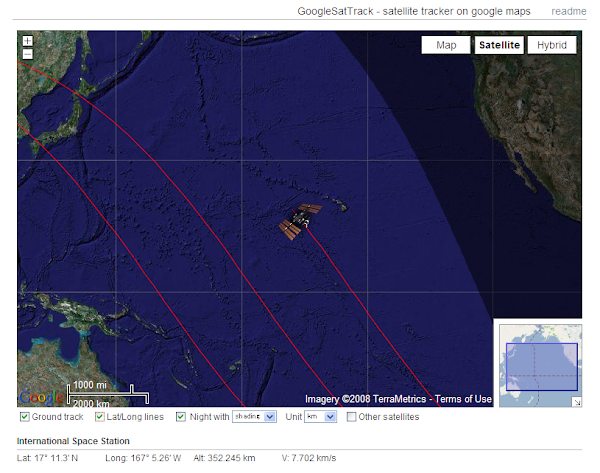 Vaisseau spatial international (ISS). Google Sat Track (GST) / Isana Kashiwai, TerraMetrics, NASA