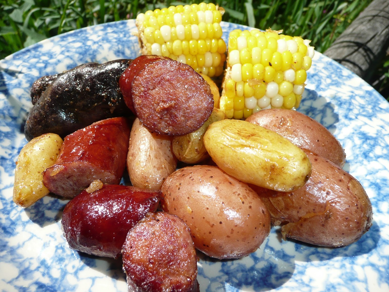 Everyday Dutch Oven Roasted Red, White and Blue Potatoes with Kielbasa