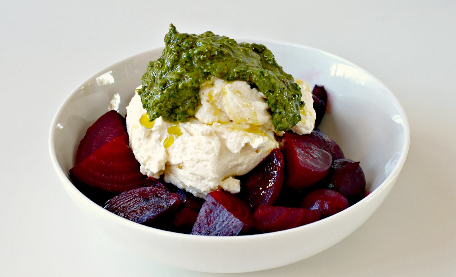Milk and Honey Roasted Beetroot with Whipped Ricotta and Pesto