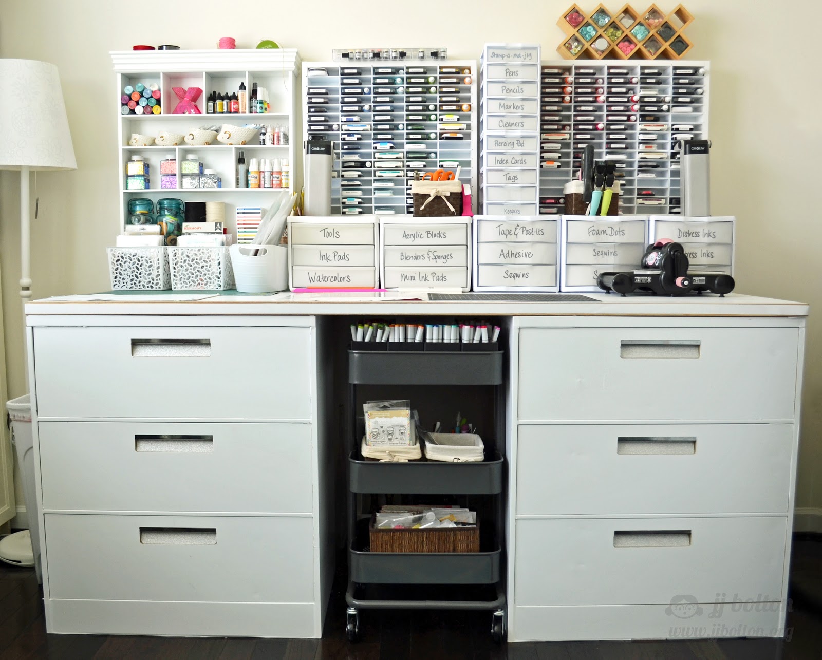 Jj Bolton Handmade Cards Craft Room Revisit Work Table It S Handy And Keeps The Visual Clutter Down I Also Keep My Cur Dt Stuff On Table Top In Baskets Those 3 To Left