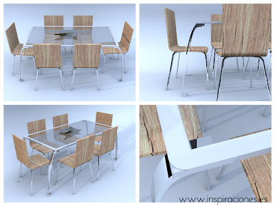 combinación de mesa y sillas de comedor. mesa lacada blanco mate y vidrio con sillas roble mate patas acero inixidable