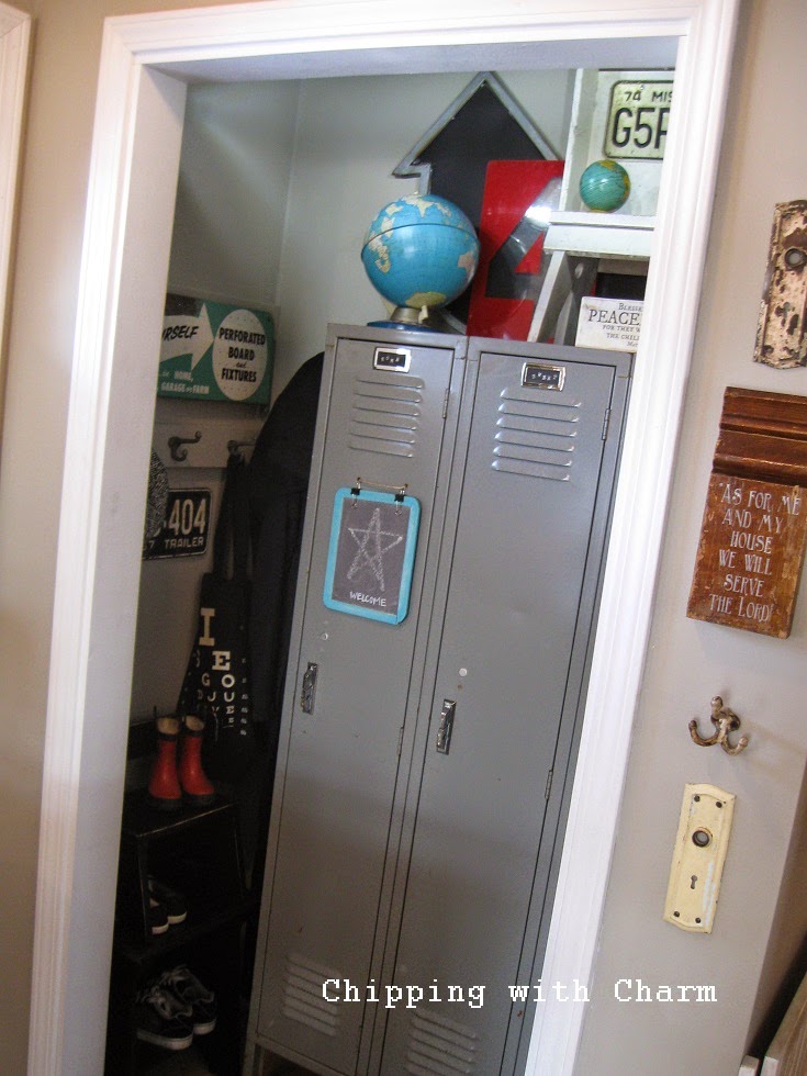 Chipping with Charm: Entry Closet Redo with vintage lockers...www.chippingwithcharm.blogspot.com
