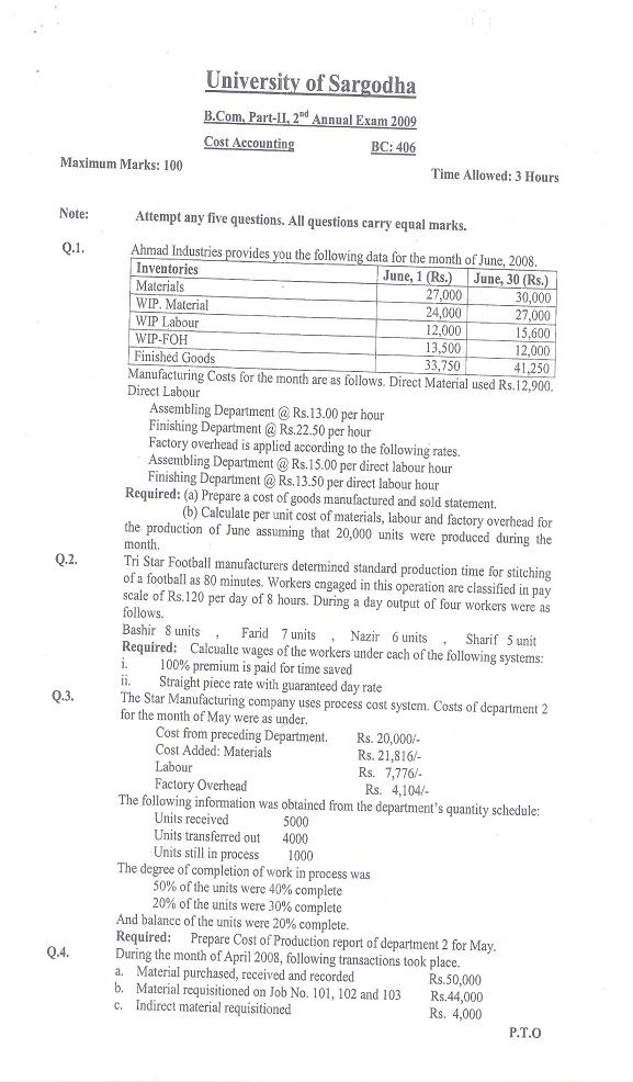 UOS Past Papers Of B.Com P2-CostAccounting+Side-1