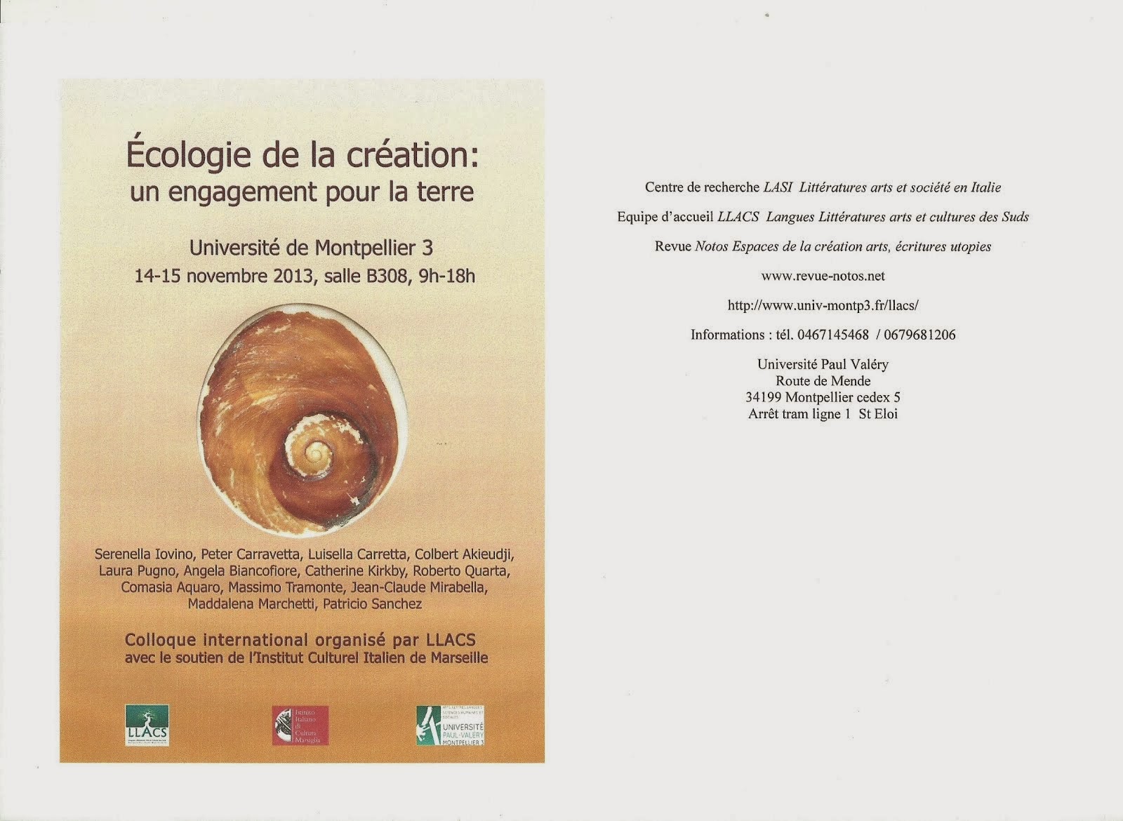 ECOLOGIE DE LA CREATION: UN ENGAGEMENT POUR LA TERRE, UNIVERSITE PAUL VALERY III - France-2013